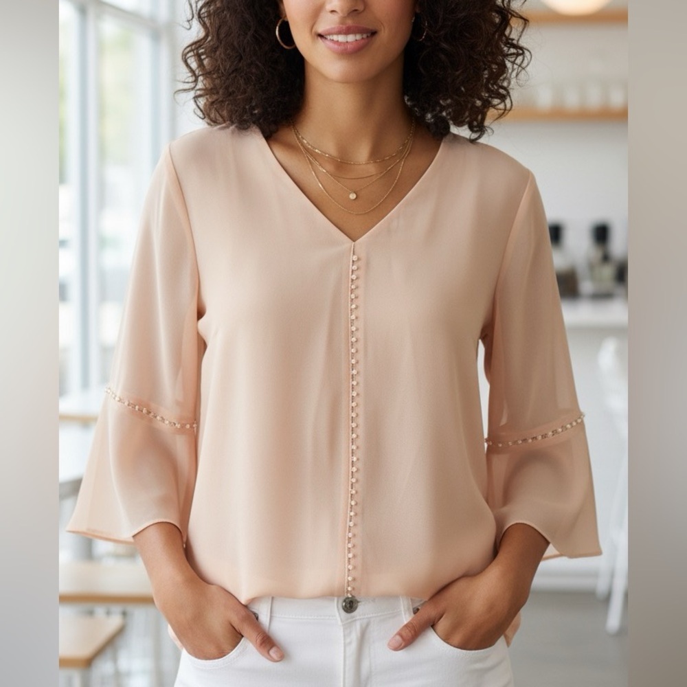Calvin Klein Blush Chiffon Pearl Trim Blouse